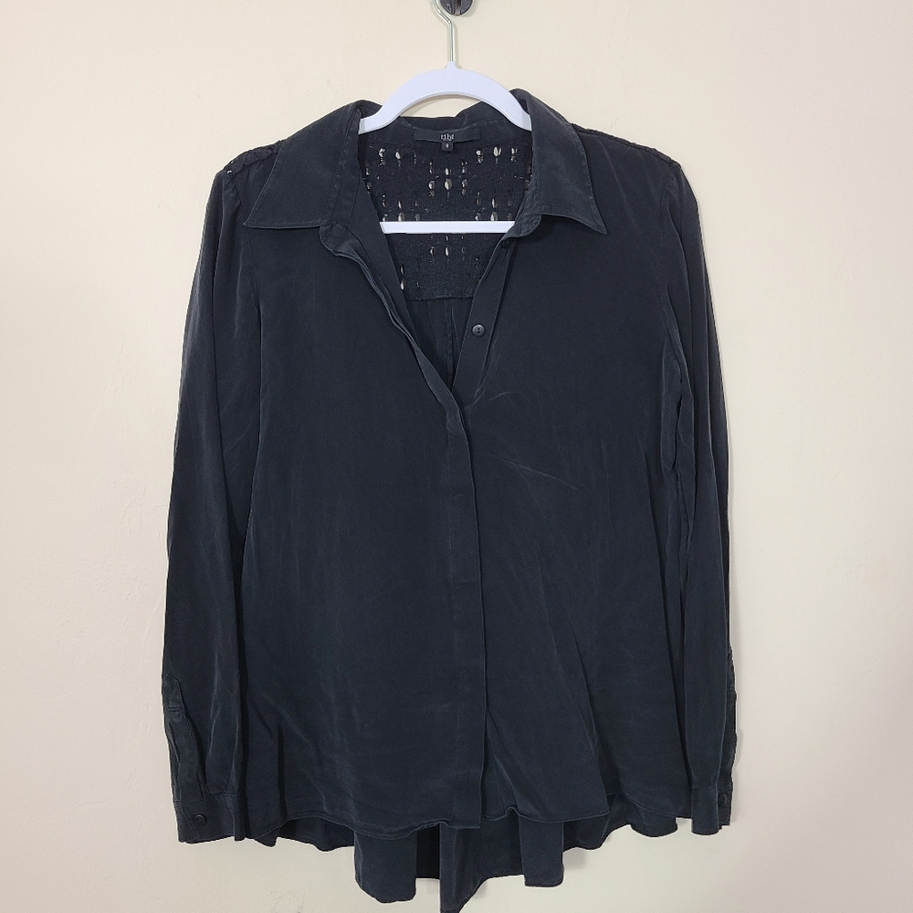 TIBI Silk Black Button-Up Blouse Floral Eyelet‎ Detail Long Sleeve Womens Size 8